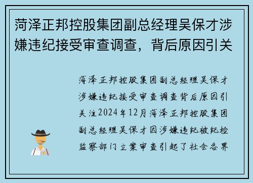 菏泽正邦控股集团副总经理吴保才涉嫌违纪接受审查调查，背后原因引关注