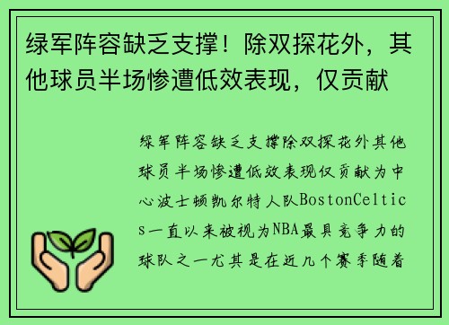 绿军阵容缺乏支撑！除双探花外，其他球员半场惨遭低效表现，仅贡献