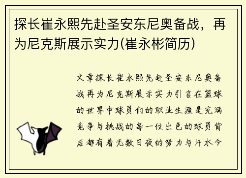 探长崔永熙先赴圣安东尼奥备战，再为尼克斯展示实力(崔永彬简历)